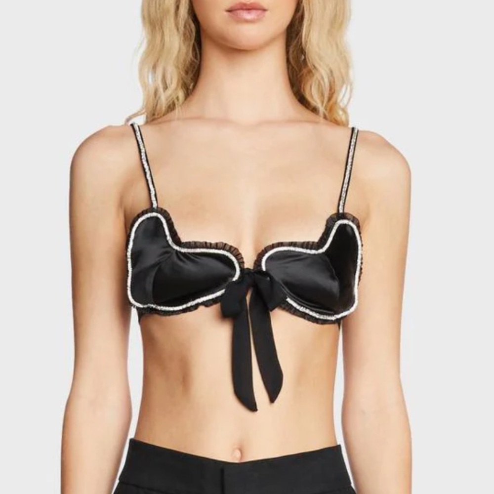 For Love & Lemons Black Satin Bra with Bow Detail